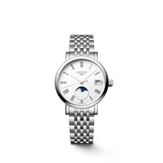 Quadrante bianco mat del Longines Elegant Collection Moonphase 30 mm con numeri romani dipinti e lancette argentate lucide, indicatore delle fasi lunari a ore 6